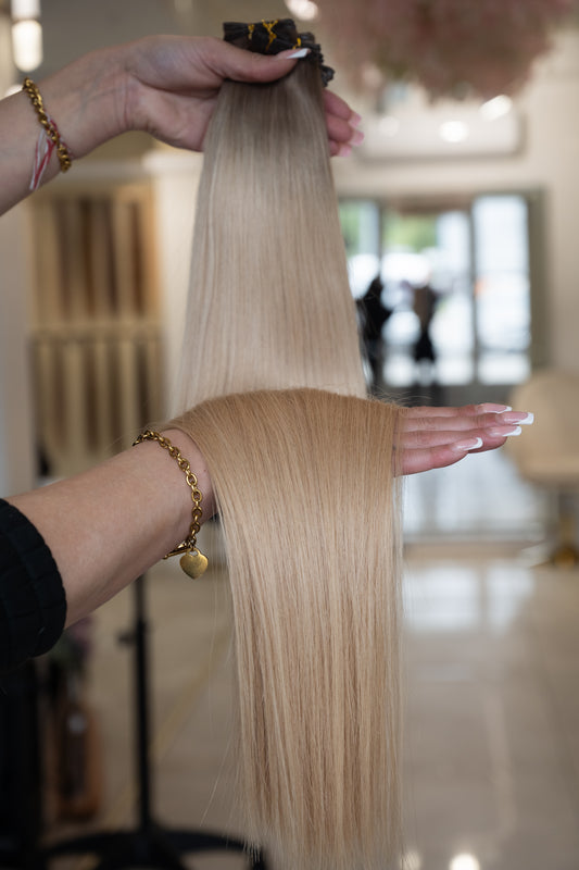 #BERGEN BLOND SANDBLOND OMRÉ US WELLIGE TRESSEN ECHTHAAR GENIUS WEFT EXTENSIONS 65CM♡
