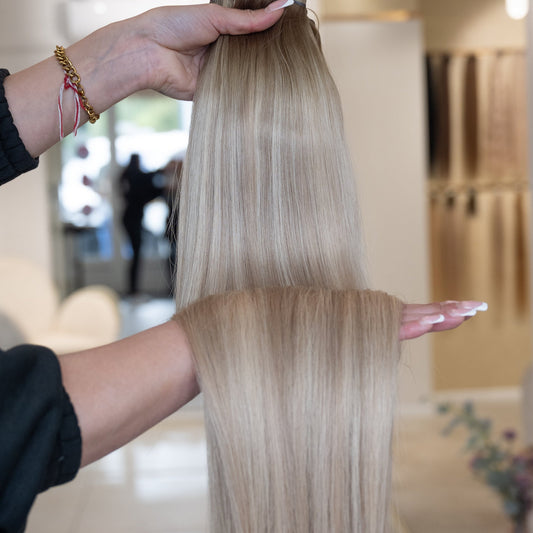 #SOFT-BLOND-BALAYAGE US WELLIGE TRESSEN ECHTHAAR GENIUS WEFT EXTENSIONS 65CM♡