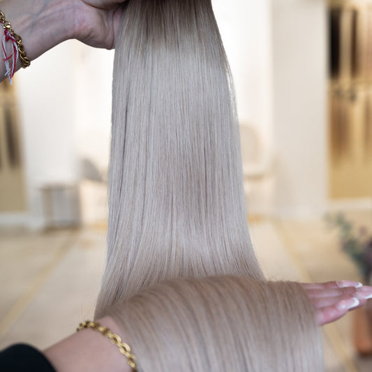 #5T18A ASCHBLOND OMBRÉ US WELLIGE TRESSEN ECHTHAAR  GENIUS WEFT EXTENSIONS 65CM♡