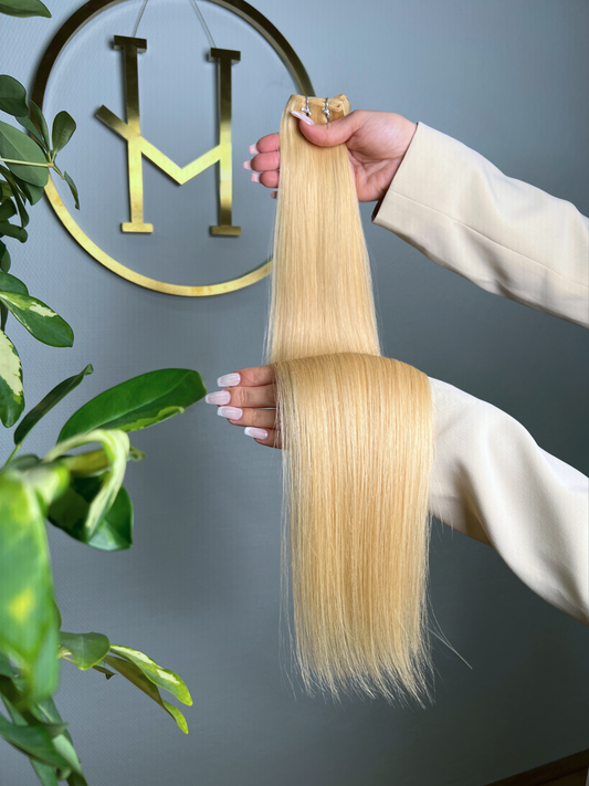 TRESSEN #CHAMPAGNE HELLBLOND GOLD RU GLATT CLASSIC WEFT ♡