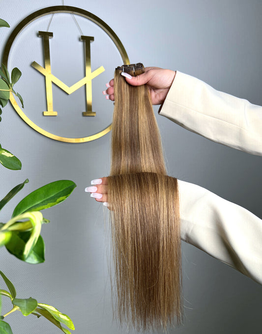 TRESSEN #TOFFEE GESTRÄHNTES MITTELBRAUN GOLD UND HELLBRAUN GOLD RU GLATT CLASSIC WEFT ♡