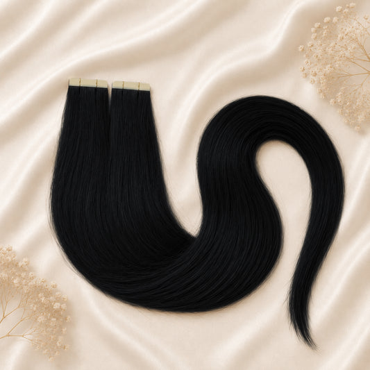 #1A Tiefschwarz | Echthaar Tape Extensions 65 cm | US Wellig ♡