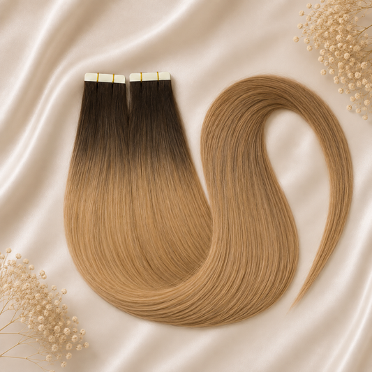#2T14A Dunkelblond Ombré | Echthaar Tape Extensions 85 cm | US Wellig ♡