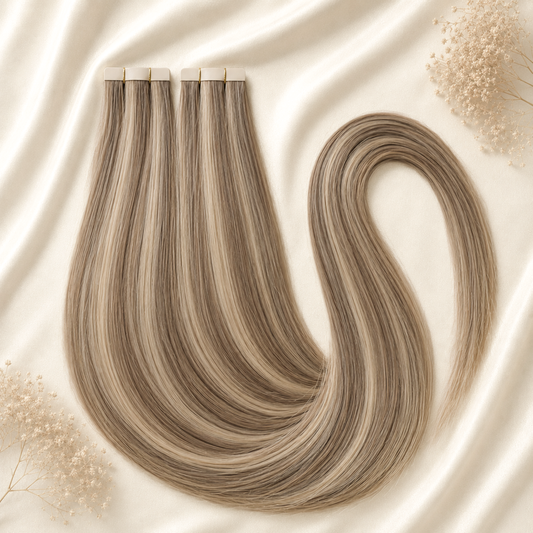 #5P18A Aschig Gesträhnt | Echthaar Tape Extensions 55 cm | US Wellig ♡