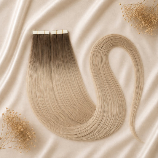 #5T18A Aschblond Ombré | Echthaar Tape Extensions 55 cm | US Wellig ♡