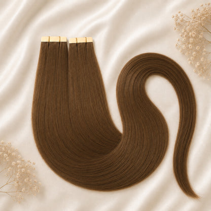 #6 Haselnussbraun | Echthaar Tape Extensions 55 cm | US Wellig ♡