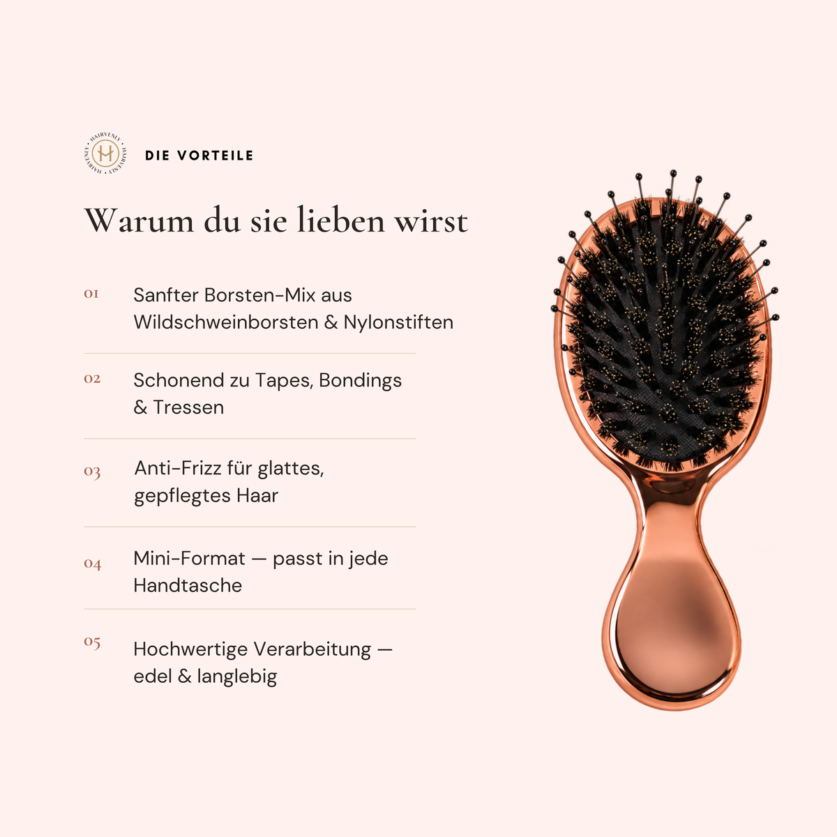 Mini Extensions Bürste Rosa für unterwegs – kompakt, schonend & Anti Frizz - Hairvenly Zubehör