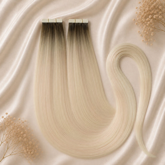 Soft Blond Balayage Aschblond | Echthaar Tape Extensions 65 cm | US Wellig ♡