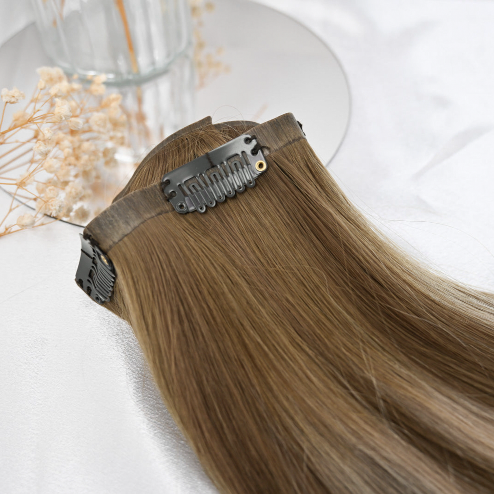 #CARAMEL FUDGE - INVISIBLE CLIP EXTENSIONS - BALAYAGE MITTELBRAUN MIT HELLBLOND ASCH ALS HIGHLIGHTS ♡
