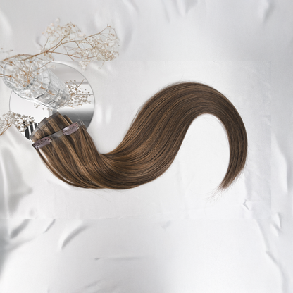 #MOCHA MELT - INVISIBLE CLIP EXTENSIONS - GESTRÄHNTES DUNKELBRAUN UND SANDIGES HELLBLOND ♡