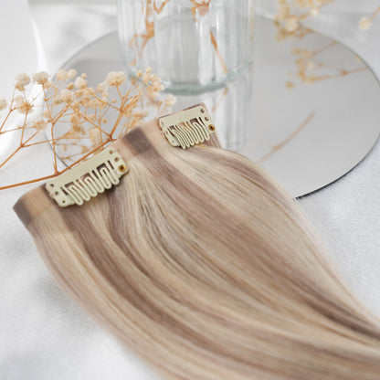 #FROSTY - INVISIBLE CLIP EXTENSIONS - GESTRÄHNTES MITTELBRAUN PEARL UND LICHTBLOND ASCH ♡