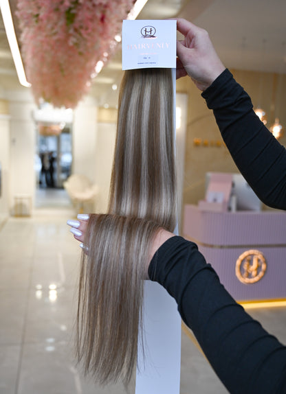 #CARAMEL FUDGE - INVISIBLE CLIP EXTENSIONS 150G -  BALAYAGE MITTELBRAUN MIT HELLBLOND ASCH ALS HIGHLIGHTS ♡