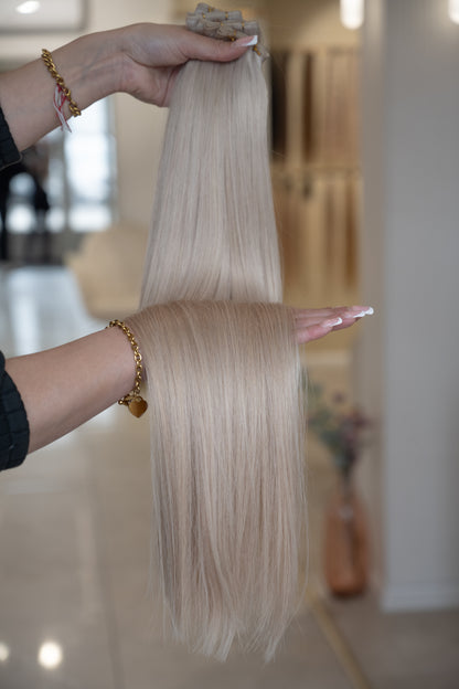 #SILVER ASCHBLONDE US WELLIGE TRESSEN ECHTHAAR GENIUS WEFT EXTENSIONS 65CM♡
