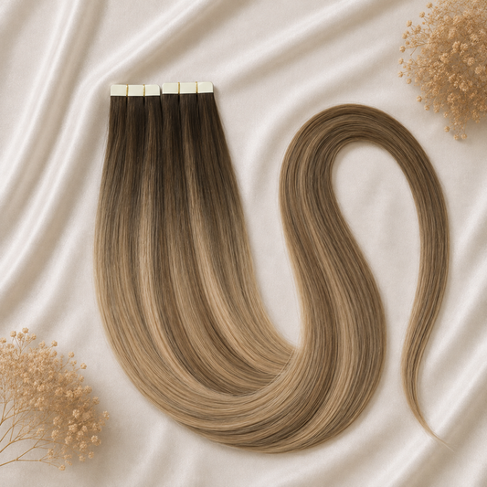 #MochaMelt Balayage Braun | Echthaar Tape Extensions 55 cm | US Wellig ♡