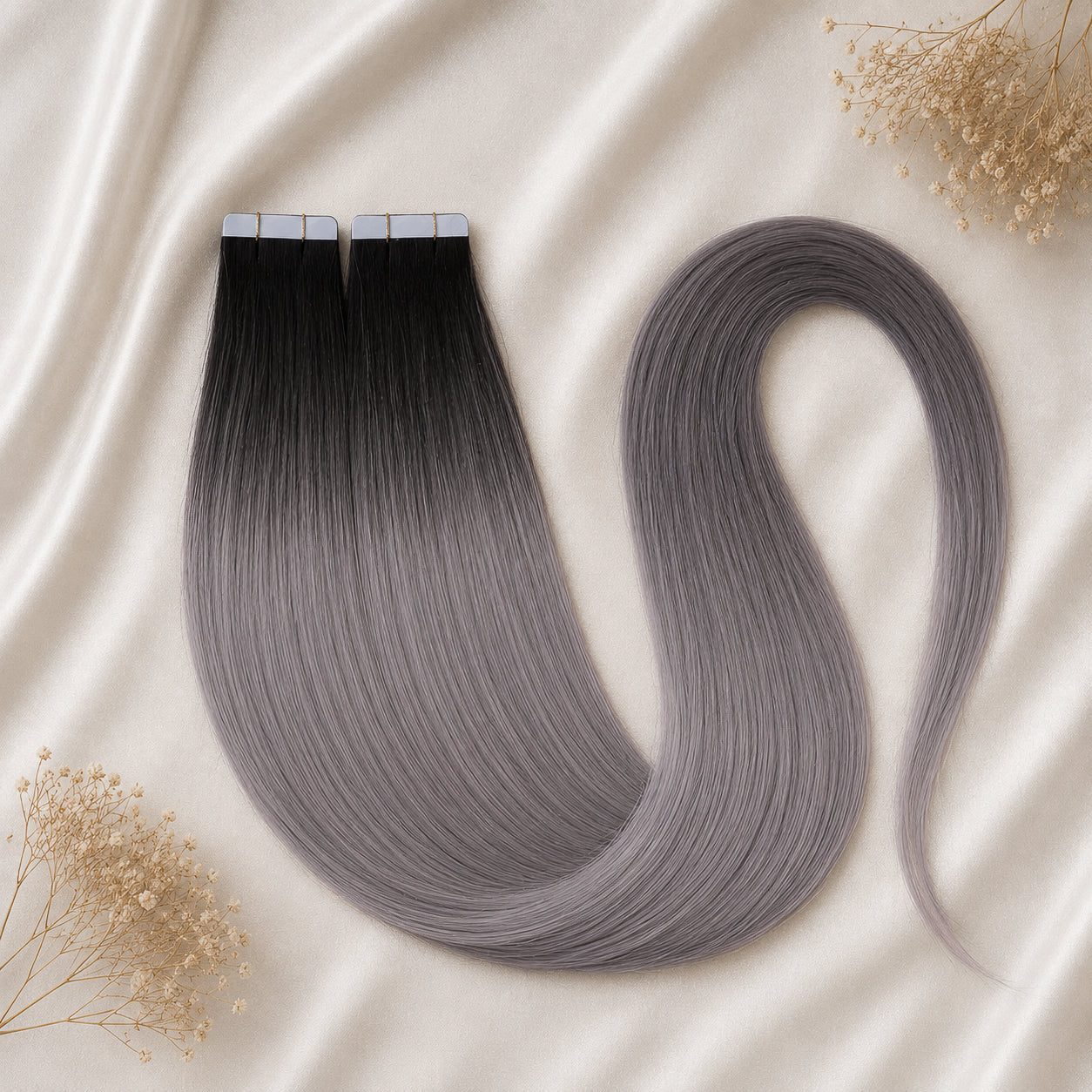#Natural Grey | Echthaar Tape Extensions 65 cm | Grau Ombré | US Wellig ♡