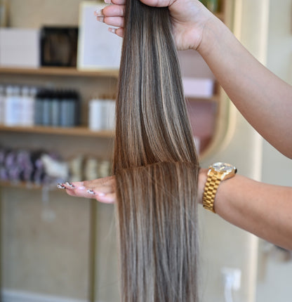 #Dubai | Dunkelbraun mit Karamell-Balayage | Echthaar Butterfly Tressen 65 cm | US Wellig ♡