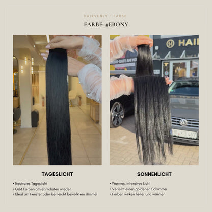 #Ebony Tiefes Ebenholzschwarz | Echthaar Classic Weft Tressen | RU Glatt ♡