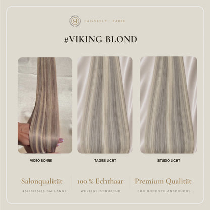 #Viking Blond Kühles Blond Gesträhnt | Echthaar Tape Extensions 65 cm | US Wellig ♡